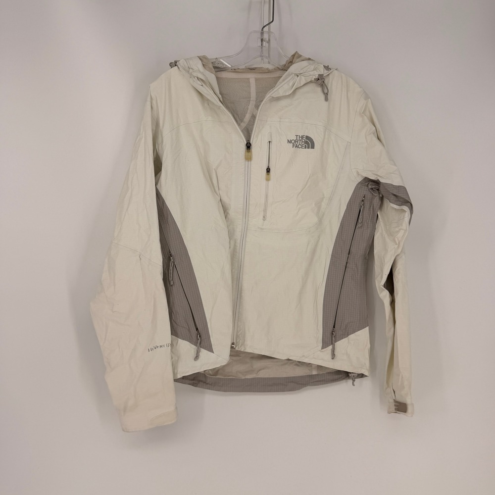 The North Face HyVent Rain Jacket Womens M Cream Gray Hooded Shell Gorpcore